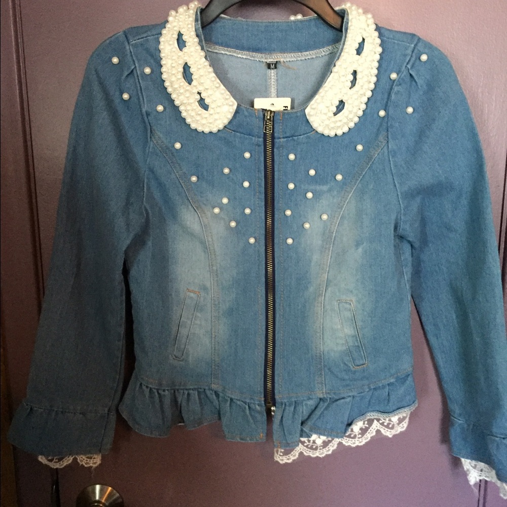 Juniors size Medium Denim and lace zip jacket with pearl details.